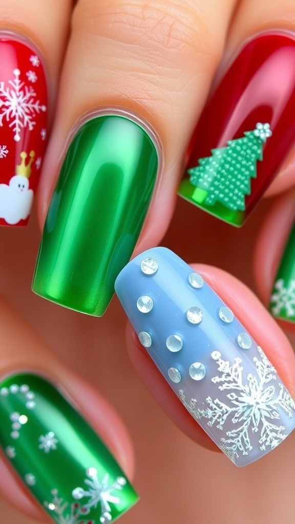 Winter-Themed Christmas Gel Nail Designs Close-up of winter-themed Christmas gel nails in red, green, blue, and white with festive designs.